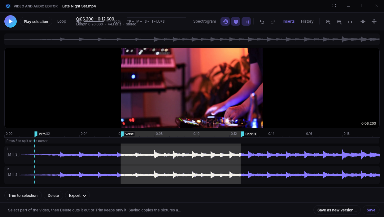 The Lucent video and audio editor with a video of a DJ set open, its picture above the waveform, markers, and a selection ready to trim or delete