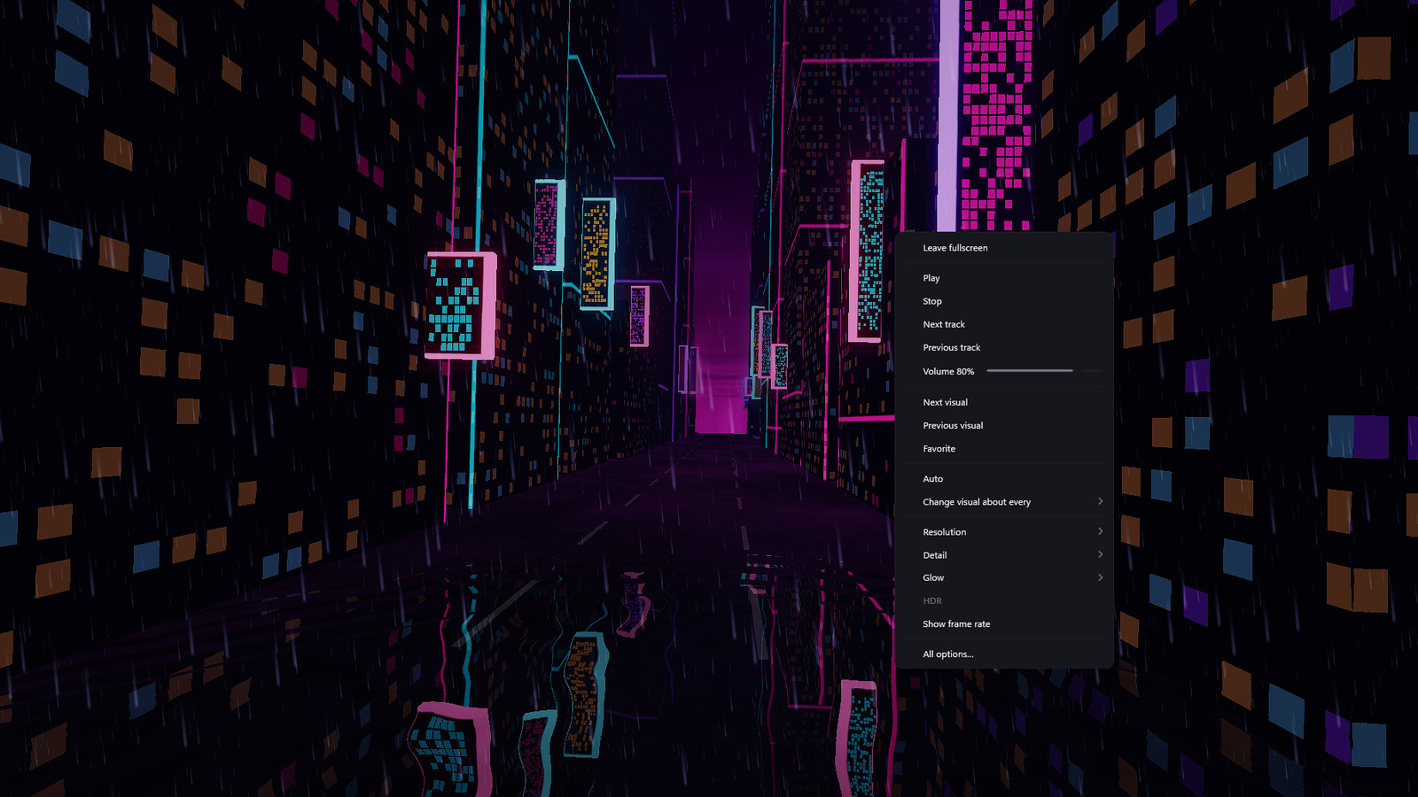Lucent fullscreen on the Neon Downpour visual, with the right-click menu open
