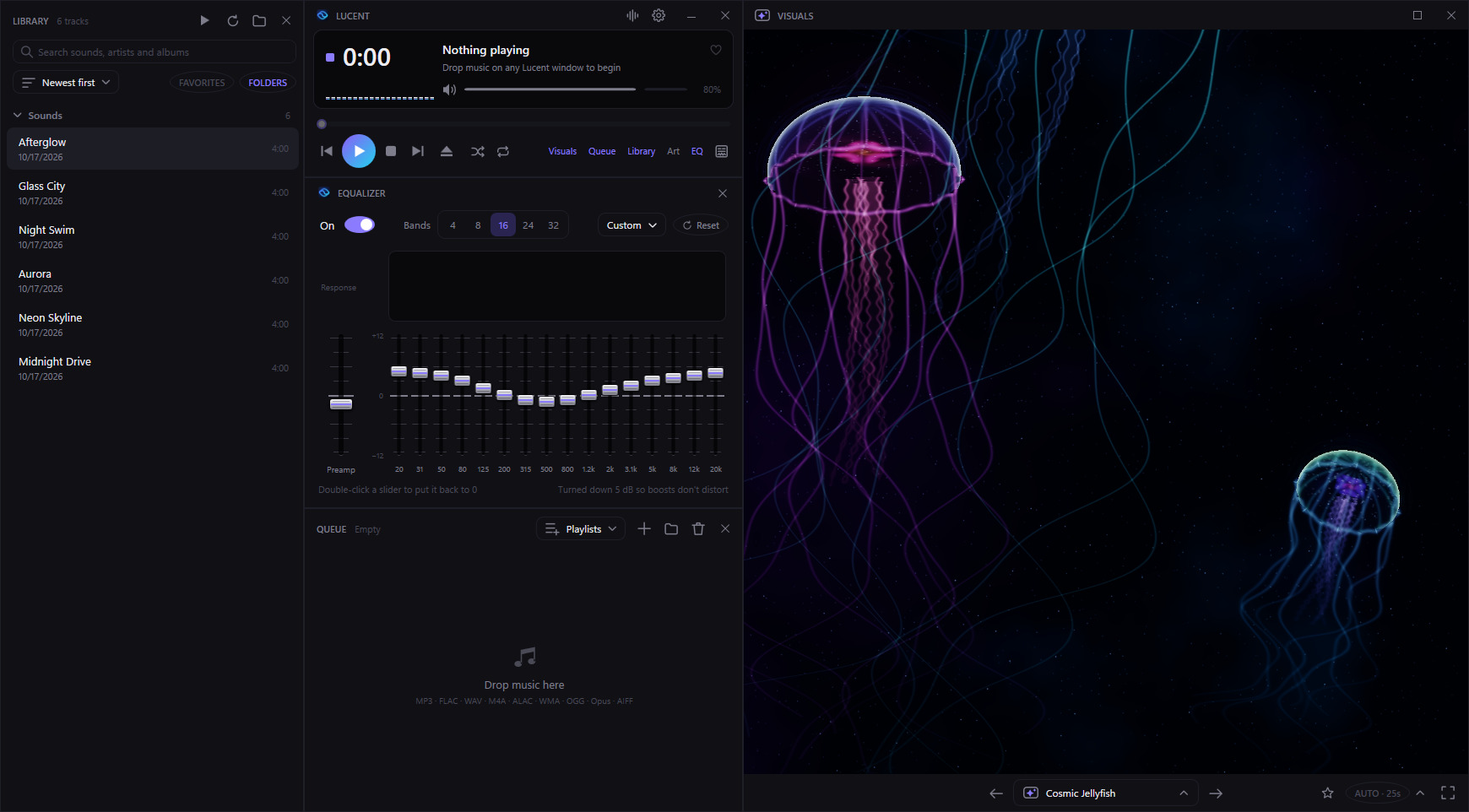 The Lucent player with its library, equalizer, queue and the Cosmic Jellyfish visual docked together
