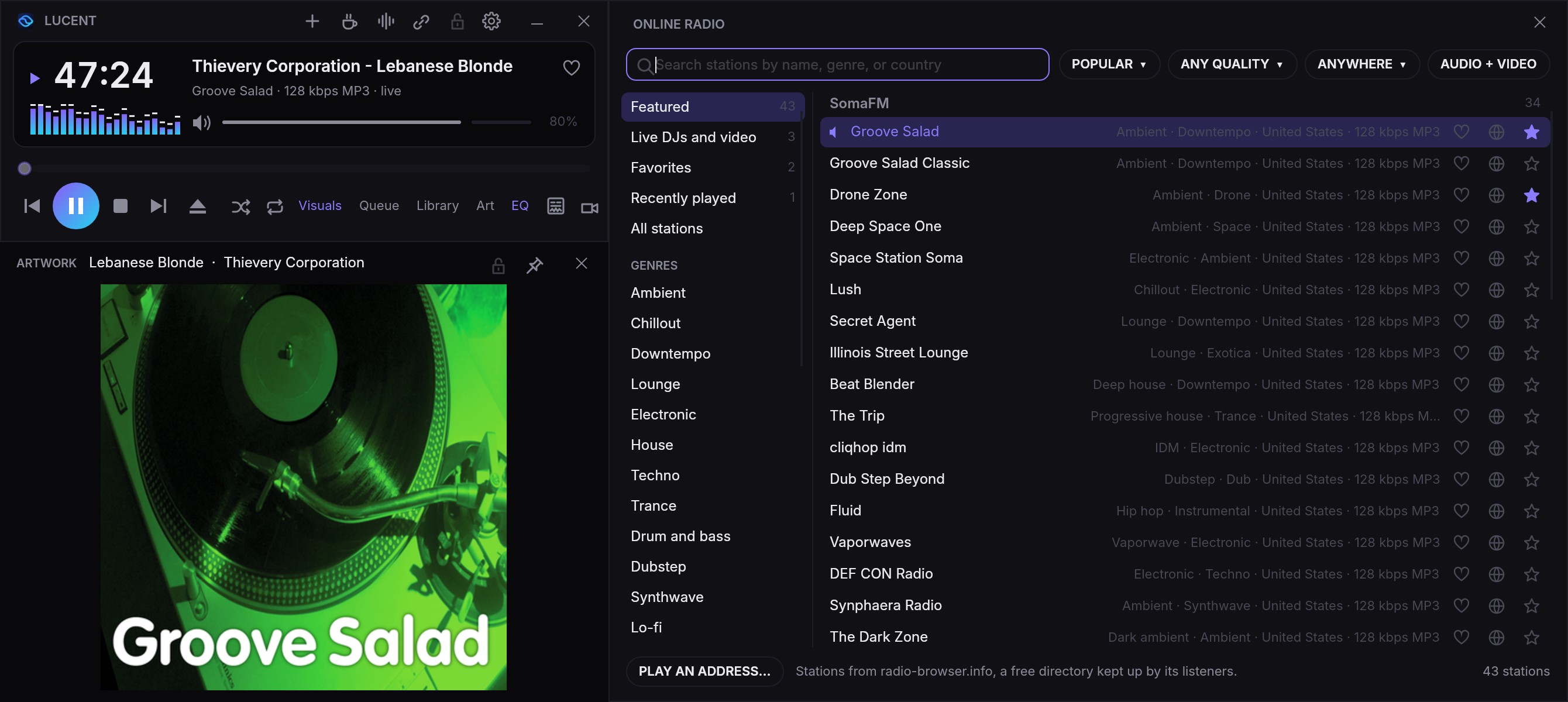 SomaFM's Groove Salad playing in Lucent: the player shows Thievery Corporation's Lebanese Blonde, the Artwork window shows Groove Salad's turntable art, and the Online radio window lists SomaFM's channels with Groove Salad highlighted